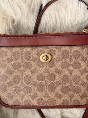 Coach Tan Signature Canvas Crossbody with Brown Leather Trim